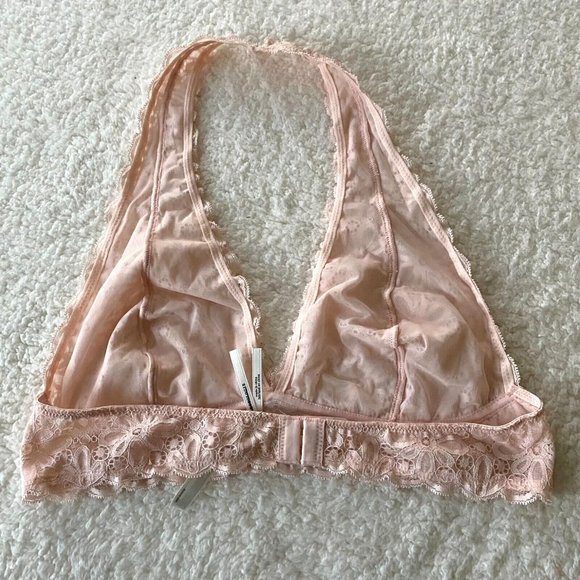 Anthropologie Lacy Halter Plunge Bralette Floral Sz L Peach Wireless NWOT - Picture 5 of 11